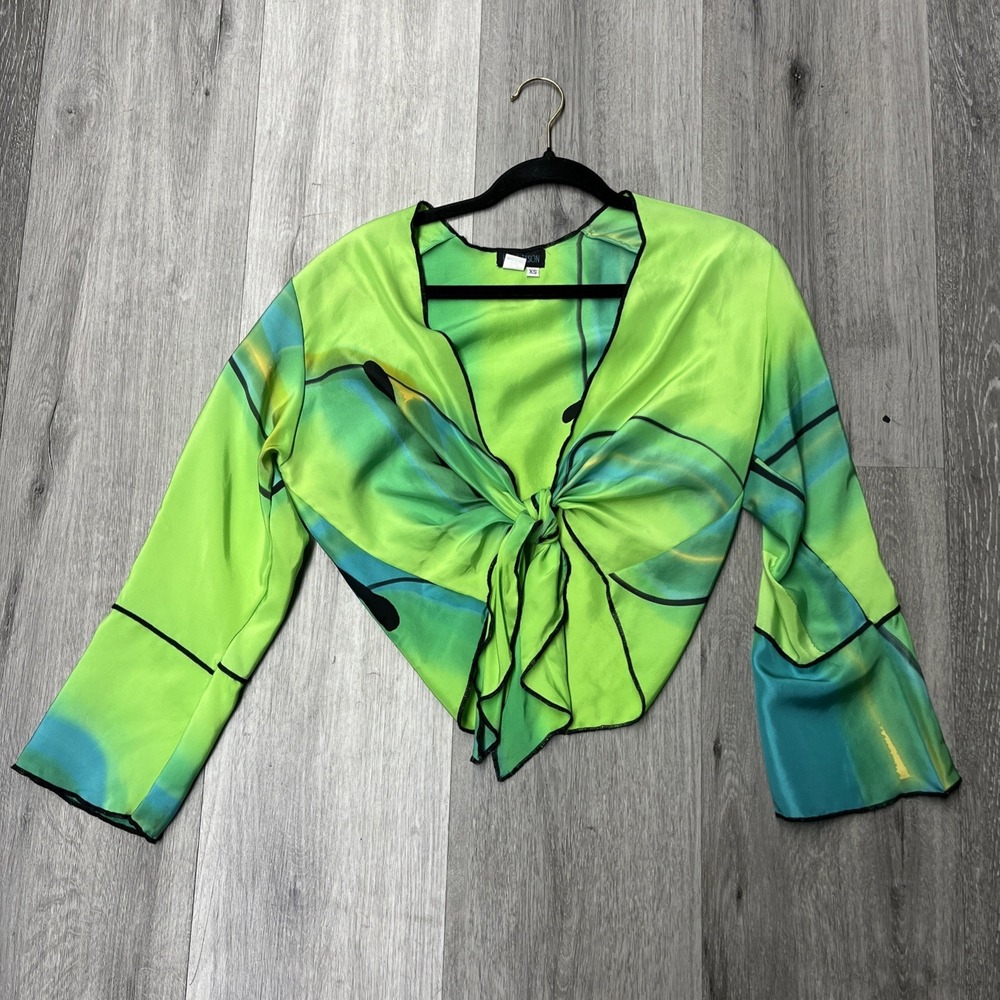 Vintage 90s Linda Tilson 100% Silk Tie Dye Crop Tied Blouse Size XS Made In USA